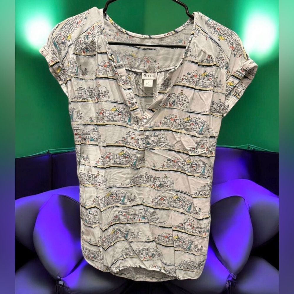 STYLUS Women's Multicolor Printed Short Sleeve Top LARGE